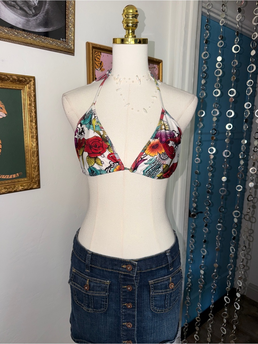 Vintage Y2K Floral Print Triangle Bikini Top - White with Multicolor Flowers